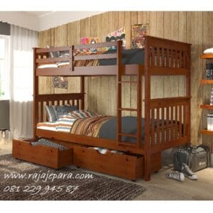 Harga tempat tidur tingkat dewasa susun 2 kayu jati Jepara bawah laci model desain set kamar anak minimalis mewah modern dan klasik harga murah