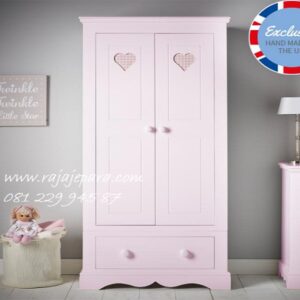 Lemari pakaian anak pink minimalis mewah modern klasik terbaru model desain 2 pintu 1 laci cat duco kayu Jepara perempuan cewek harga murah
