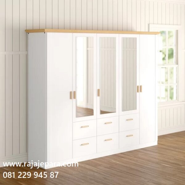 Lemari pakaian 5 pintu minimalis modern dan klasik terbaru model desain almari baju lima pintu kaca cermin dari kayu warna putih harga murah
