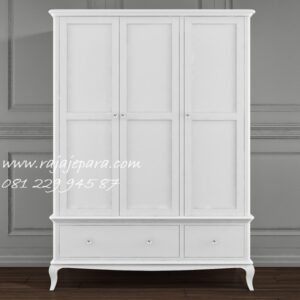 Lemari pakaian anak 3 pintu minimalis mewah modern klasik terbaru model almari perempuan laki warna putih cat duco kayu Jepara harga murah