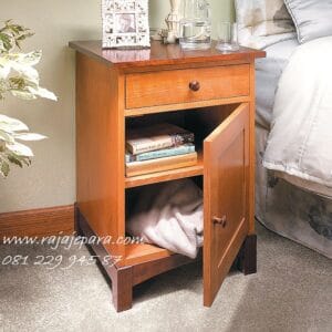 Lemari nakas minimalis dengan material kayu jati Jepara kombinasi 1 laci rak model desain meja kecil hias klasik samping tempat tidur harga murah