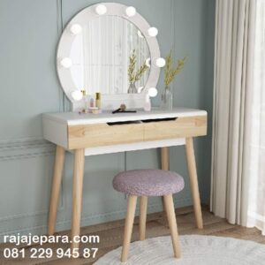 Meja rias harga murah minimalis modern klasik ukuran terbaru pakai lampu model desain set kursi dari kayu jati kaca bulat bundar anak perempuan