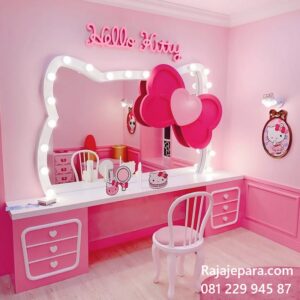 Meja rias hello kitty pink cat duco desain set kursi anak perempuan pigura kaca model minimalis mewah modern ukuran terbaru lampu harga murah