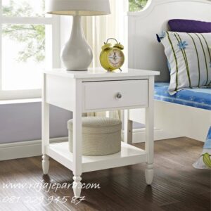 Nakas 1 laci minimalis warna putih cat duco model desain meja hias kecil samping tempat tidur modern klasik ukuran terbaru harga murah
