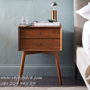 Nakas classic kayu jati tua Jepara dengan model meja 2 laci dan kaki tinggi desain minimalis klasik mewah modern samping tempat tidur harga murah