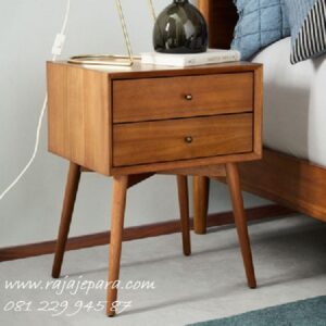 Nakas jati minimalis model retro klasik modern desain meja hias dengan 2 laci sebagai tempat lampu tempat tidur dan telpon kayu Jepara harga murah