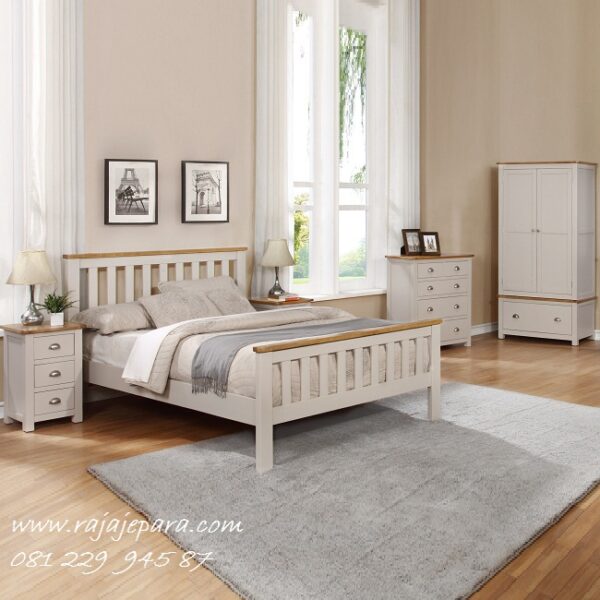 Set tempat tidur minimalis modern terbaru model desain 1 set kamar klasik ukuran dewasa warna putih kayu mahoni dan jati Jepara harga murah