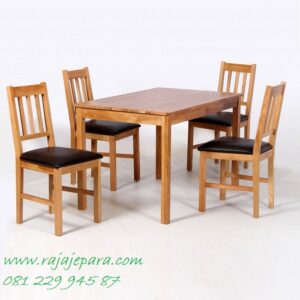 Harga meja makan kayu jati 4 kursi minimalis murah model desain furniture ruang model dan klasik dengan top kaca dan jok busa Jepara termurah
