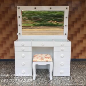 Harga meja rias lampu LED murah dari material kayu mahoni cat duco warna putih model desain set kursi kaca cermin minimalis modern terbaru