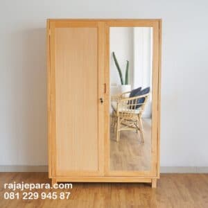 Lemari pakaian kaca 2 pintu kayu jati Jepara model desain almari baju minimalis mewah modern dan klasik terbaru cermin harga murah