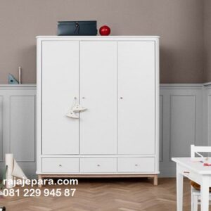 Lemari pakaian model terbaru minimalis modern dan klasik warna putih cat duco 3 pintu kayu Jepara desain almari baju dari kayu Jepara harga murah