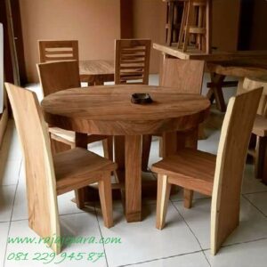 Meja makan trembesi bundar 4 kursi bulat kaki dari kayu utuh besar dan tebal Jepara model desain furniture minimalis klasik harga murah