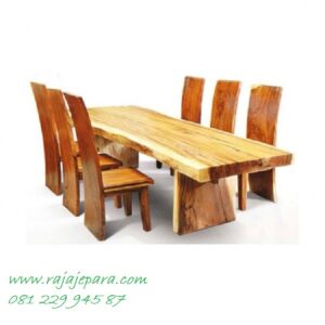 Meja makan trembesi minimalis kayu besar utuh solid Jepara harga murah set 6 kursi model desain furniture ruang dapur klasik dan terbaru
