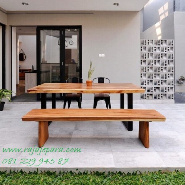 Meja makan trembesi untuk taman kebun kayu besar utuh tebal Jepara model furniture outdoor kursi bangku panjang minimalis klasik harga murah