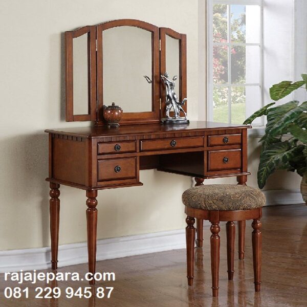 Meja rias kayu jati minimalis mewah modern dan klasik ukuran terbaru model desain set kursi bulat kaca cermin lipat ukir Jepara harga murah
