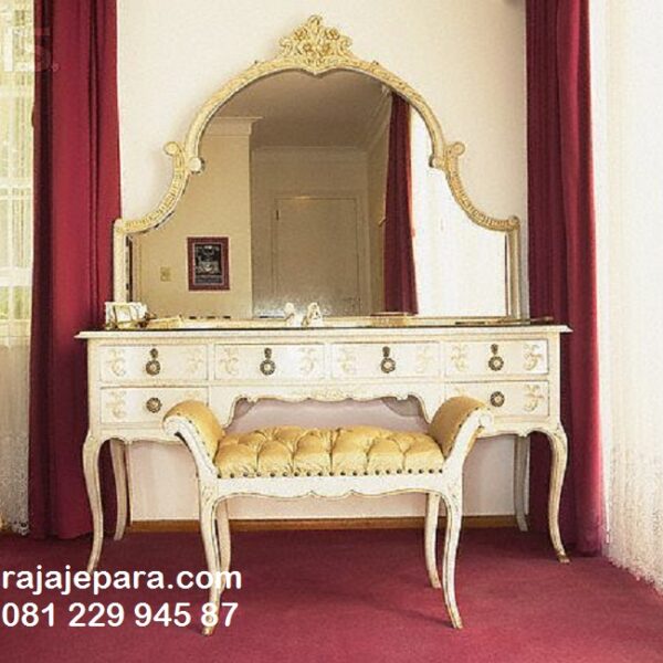 Meja rias mewah elegan minimalis modern klasik model desain set kursi jok emas dan kaca cermin kayu ukir Jepara luxury lampu terbaru harga murah