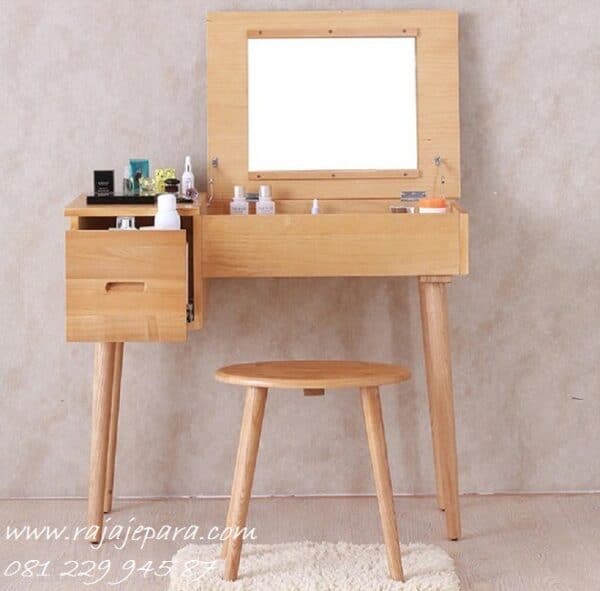 Meja rias mini minimalis kayu jati Jepara model set kursi bulat dan kaca cermin lipat desain modern dan klasik sederhana harga murah