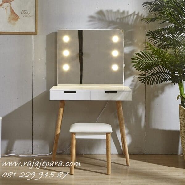 Meja rias minimalis modern lampu LED model desain set kursi dan kaca cermin mewah klasik kecil putih terbaru sederhana jati Jepara harga murah