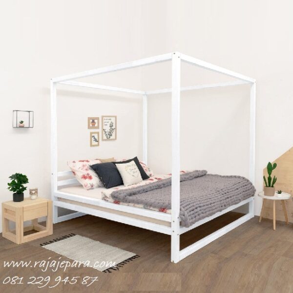 Tempat tidur minimalis kanopi murah model terbaru desain set kamar dewasa modern dan klasik warna putih cat duco kayu Jepara harga murah