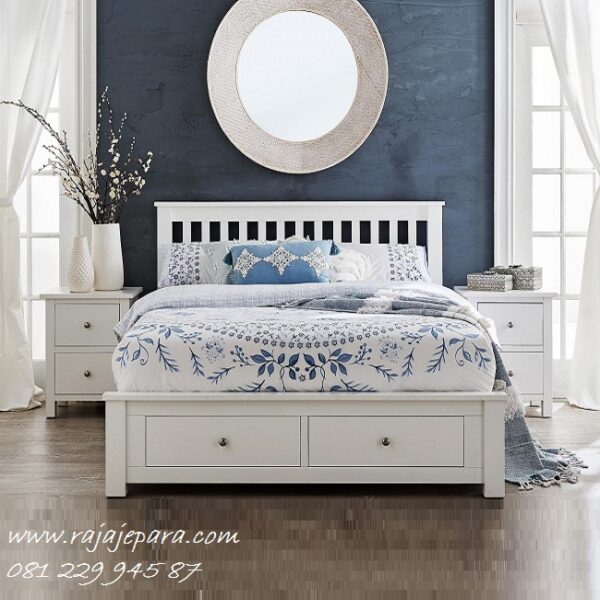 Tempat tidur minimalis laci putih dengan pakai lacinya di bawah model set kamar dipan desain modern klasik terbaru cat duco harga murah