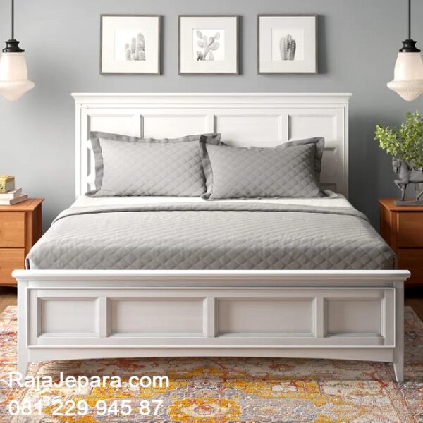 Tempat tidur minimalis mewah modern dan klasik ukuran terbaru model desain gambar set kamar warna putih laci bawah kayu Jepara harga murah