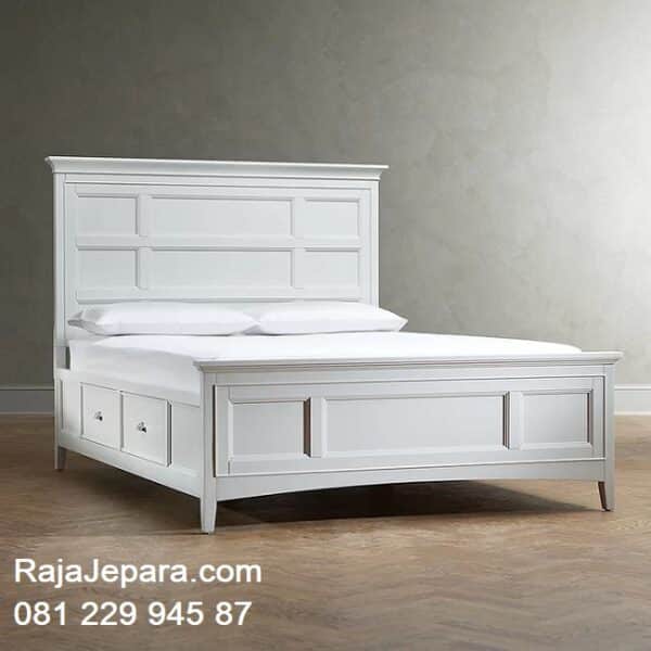 Tempat tidur minimalis mewah modern dan klasik ukuran terbaru model desain gambar set kamar warna putih laci bawah kayu Jepara harga murah