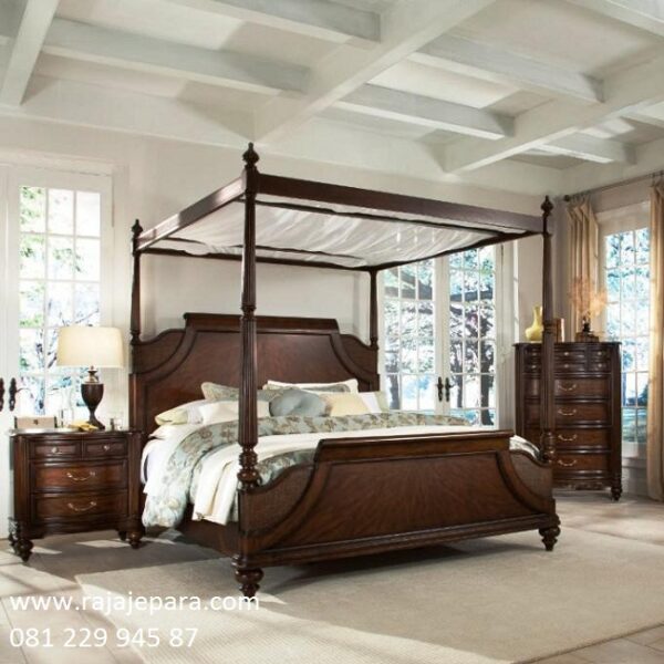 Tempat tidur klasik berkelambu kanopi dari kayu jati Jepara model desain set kamar kelambu minimalis modern dan mewah terbaru harga murah