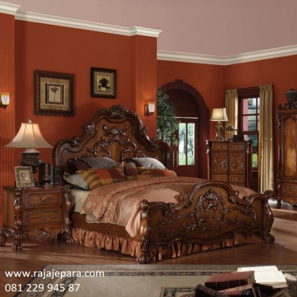 Tempat tidur klasik Jepara jati ukir ukiran motif bunga mawar model desain set kamar dari kayu modern dan mewah kuno terbaru kanopi harga murah