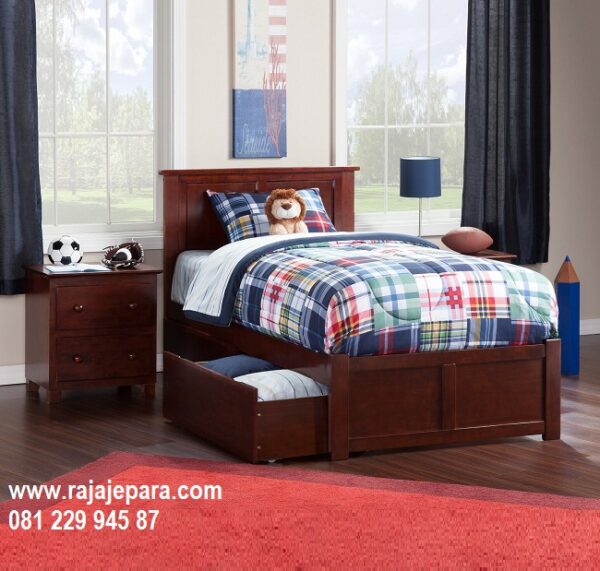 Tempat tidur anak laci bawah kayu jati Jepara model desain set kamar minimalis mewah modern dan klasik terbaru berlaci 3 harga murah