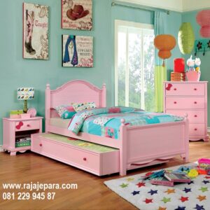 Tempat tidur anak pink minimalis modern mewah terbaru model desain set kamar perempuan warna merah muda cat duco tingkat Jepara harga murah