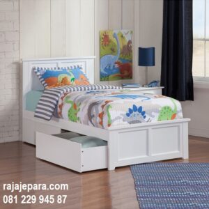 Tempat tidur anak terbaru minimalis mewah dan modern klasik model sorong baru desain set kamar putih cat duco kayu Jepara harga murah