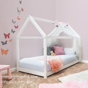Tempat tidur anak unik minimalis mewah modern terbaru model desain ide set kamar karakter istana rumah perempuan warna putih harga murah