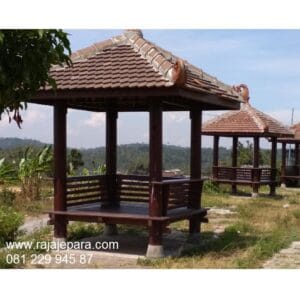 Gazebo taman minimalis dan sederhana unik dari kayu kelapa dan jati Jepara ukuran 2x2 model desain saung kecil kolam belakang harga murah
