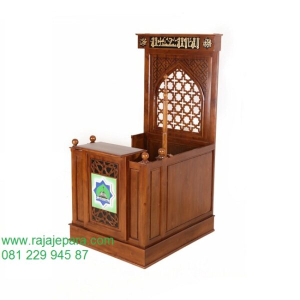 Harga mimbar masjid minimalis modern dan sederhana terbaru model desain podium ukuran standart khutbah Nabawi dari kayu jati Jepara murah