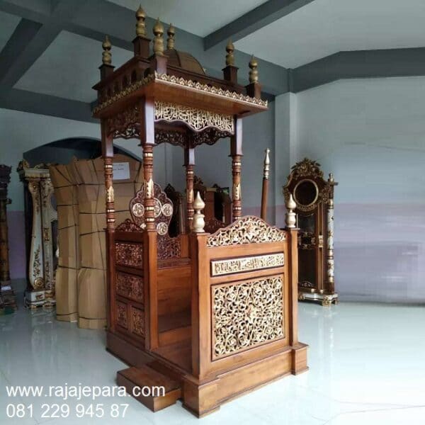 Harga mimbar masjid minimalis sederhana kayu jati gambar motif ukir-ukiran Jepara model desain podium khutbah mewah dan modern murah