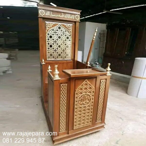 Mimbar masjid minimalis modern harga murah model desain ukuran podium khutbah kayu jati ukiran Jepara motif kaligrafi sederhana dan mewah
