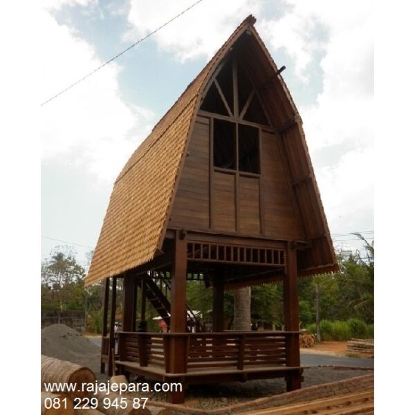 Rumah gazebo minimalis sederhana tingkat model desain saung rumah Lombok kayu jati dan mahoni atap sirap untuk taman hotel harga murah