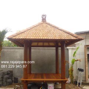 Saung gazebo minimalis sederhana dan terbaru model desain panggung dari kayu jati dan kelapa atap sirap untuk taman rumah harga murah
