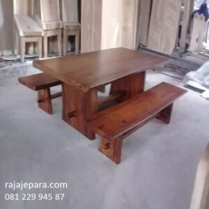 Meja makan kayu trembesi 2 meter utuh model set kursi bangku desain minimalis modern dan terbaru kayu suar Jepara Bandung Jakarta harga murah
