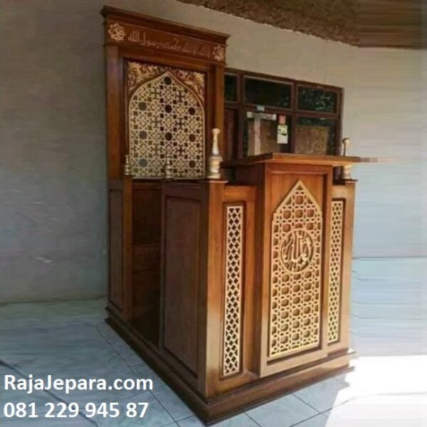 Gambar mimbar masjid sederhana minimalis modern mewah dan klasik model desain podium khutbah kayu jati Jepara ukuran standart harga murah