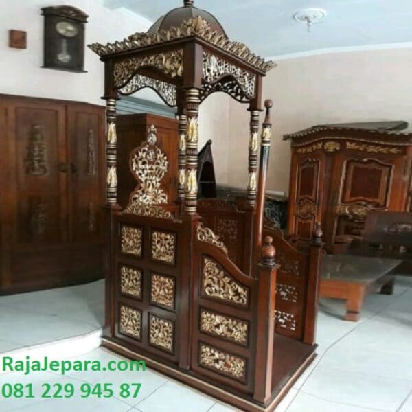 Harga mimbar masjid jati Jepara murah model desain gambar podium khutbah kayu jati ukir minimalis modern kubah Nabawi Sunnah mirip Istiqlal