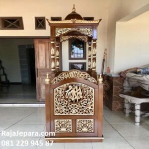 Harga mimbar masjid Jepara kayu jati ukir kaligrafi Allah model desain gambar podium ukiran untuk khutbah mewah modern sunnah jual harga murah