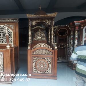 Harga mimbar masjid kayu jati Jepara murah model desain gambar podium khutbah sunnah kubah modern dan minimalis sederhana kaligrafi arab
