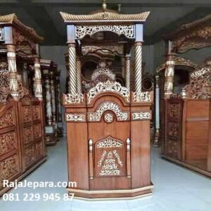Jual mimbar masjid murah sesuai sunnah model design podium khutbah sholat jumat minimalis modern ukir kaligrafi Allah Muhammad kubah Jepara