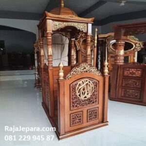 Kaligrafi mimbar masjid Jepara model desain podium kayu jati ukir Allah dan Muhammad minimalis modern sesuai sunnah kubah nabawi harga murah