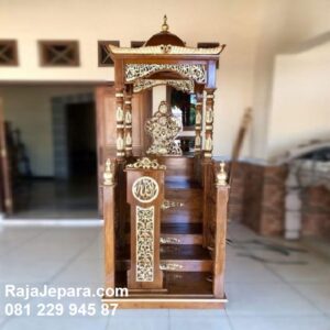 Mimbar masjid modern model desain gambar podium tempat khutbah sholat Jumat kubah dan tongkat sesuai sunnah minimalis kayu jati harga murah