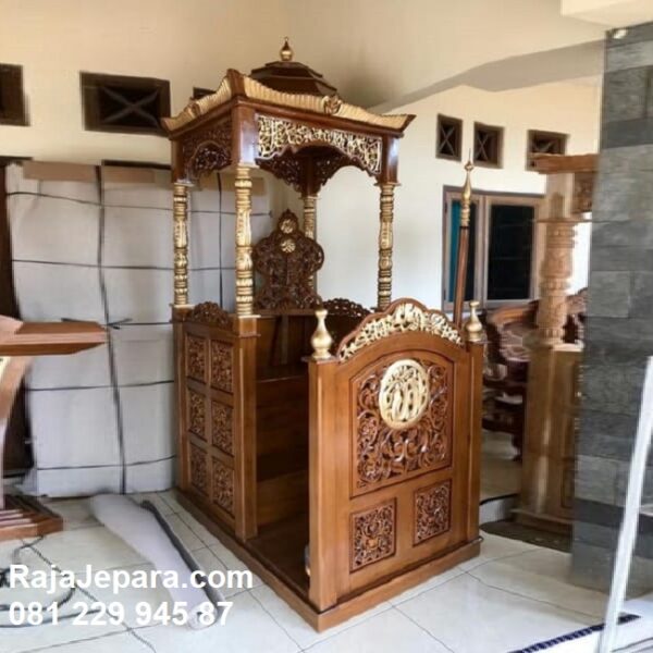 Mimbar masjid murah Jepara model desain gambar podium khutbah sholat Jumat kayu jati ukir Jepara sesuai sunnah kaligrafi Allah jual harga murah