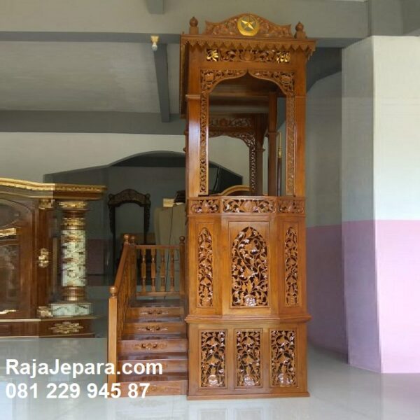 Mimbar masjid tingkat minimalis ukir-ukiran kayu jati Jepara model desain podium tangga kubah sesuai sunnah mewah dan klasik besar harga murah