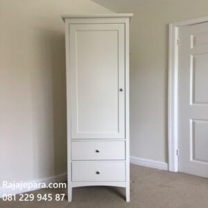 Lemari pakaian 1 pintu anak minimalis modern dan terbaru dari kayu mahoni cat duco warna putih model desain almari baju satu pintu harga murah