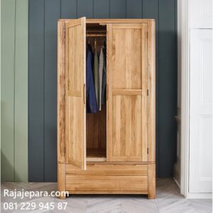 Lemari pakaian 2 pintu kayu jati minimalis mewah modern dan klasik terbaru model desain almari baju ukuran dua laci Jepara harga murah